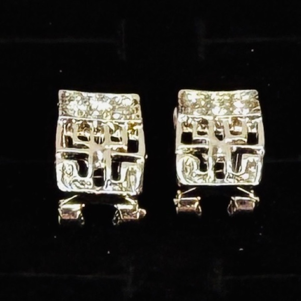 Silvertone Rectangular Bling Omega Back Pierced E… - image 2
